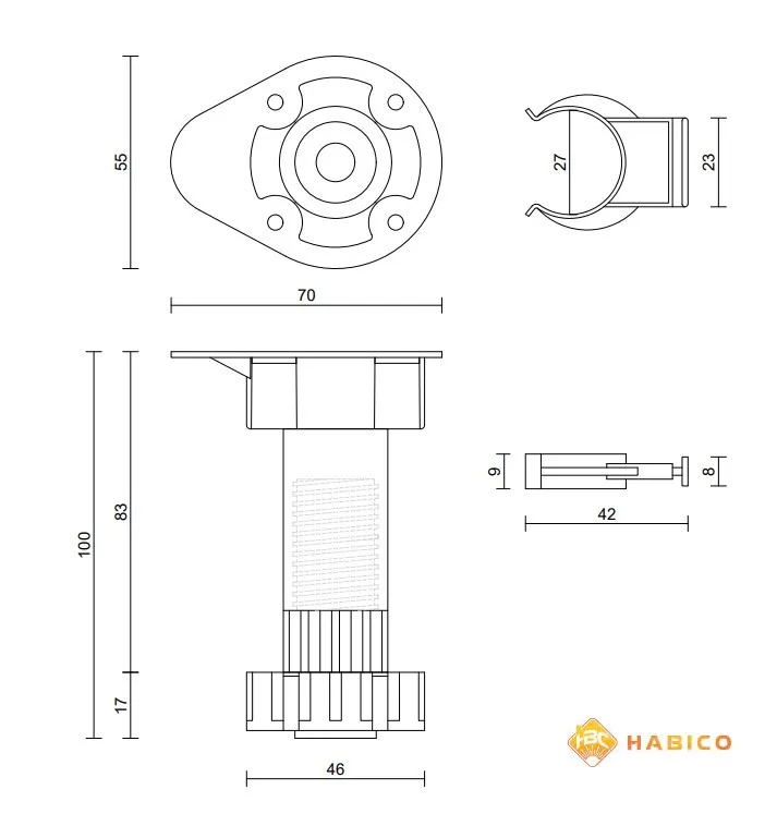 thông số kỹ thuật chân tủ bếp 08101.001