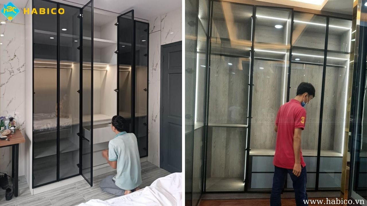 Bản lề cánh kính khung nhôm cho tủ quần áo