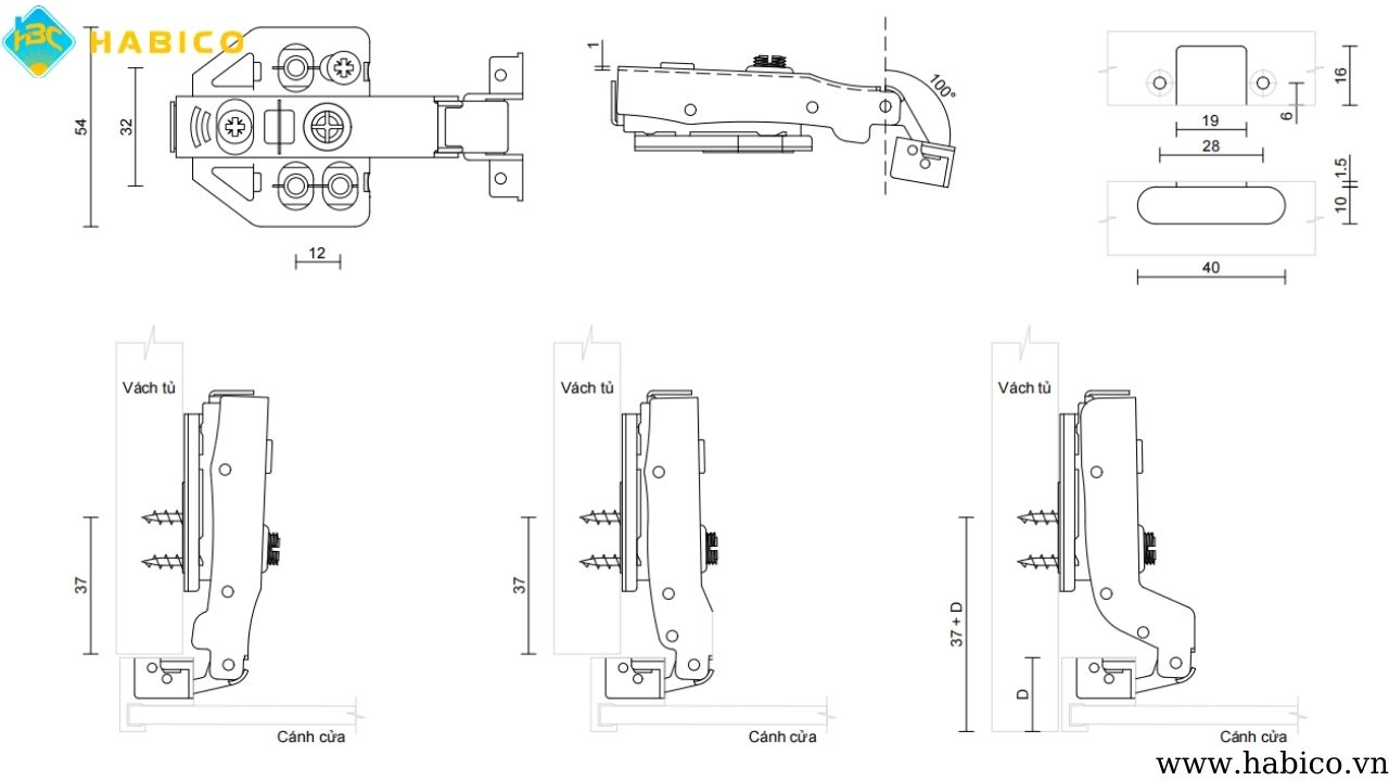 Thông số kỹ thuật bản lề bật giảm chấn Vickini 01818 OBP