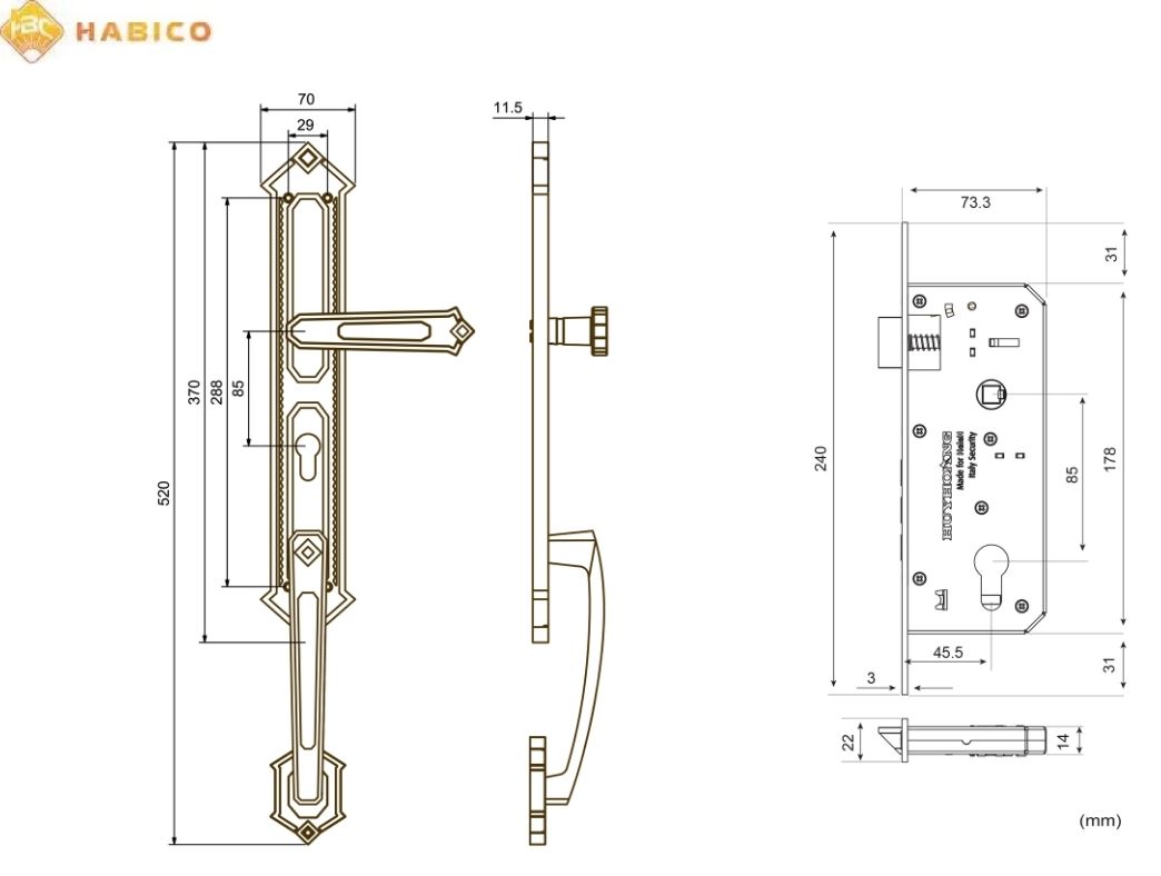 Thông số kỹ thuật Khóa tay nắm HC 85 KING Đại Sảnh PVD Gold