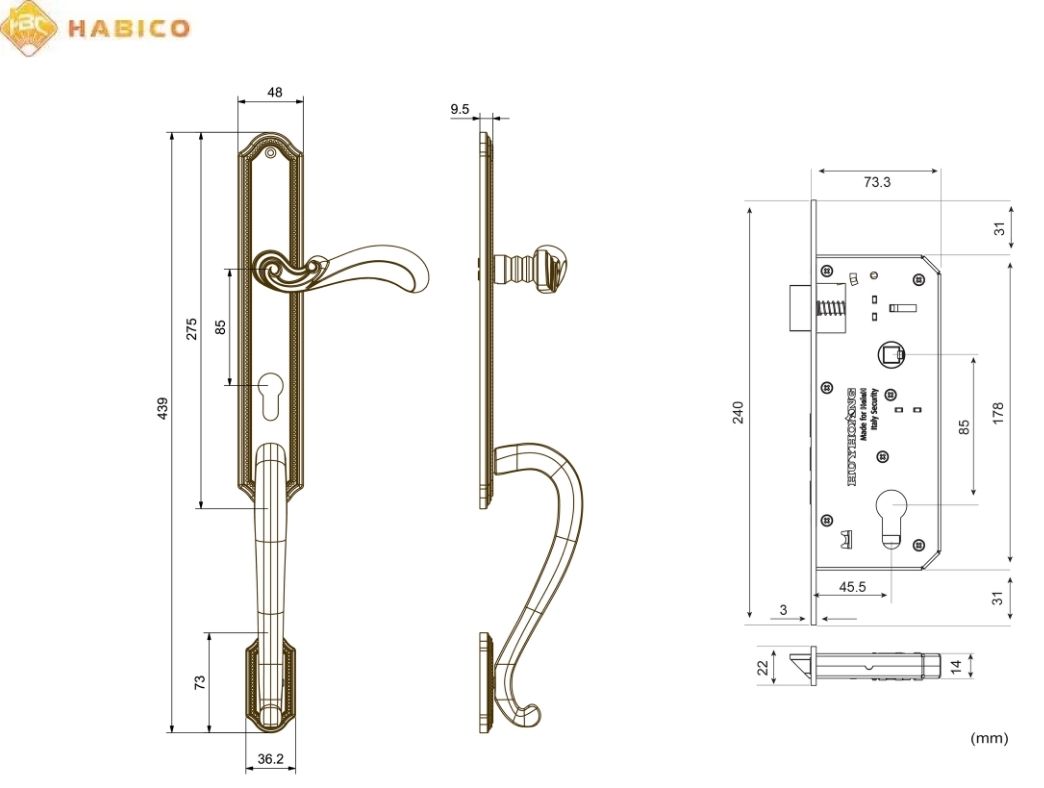 Thông số kỹ thuật Khóa tay nắm HC 85 PRINCE Đại Sảnh PVD Gold