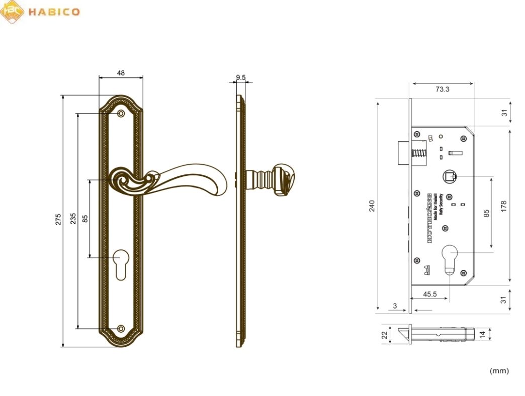 Thông số kỹ thuật Khóa tay nắm HC 85 PRINCE PVD Gold