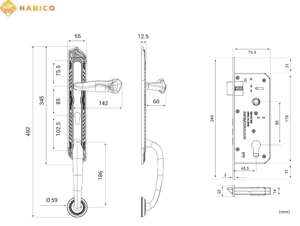 Thông số kỹ thuật Khóa tay nắm HC 85 QUEEN Đại sảnh PVD Gold