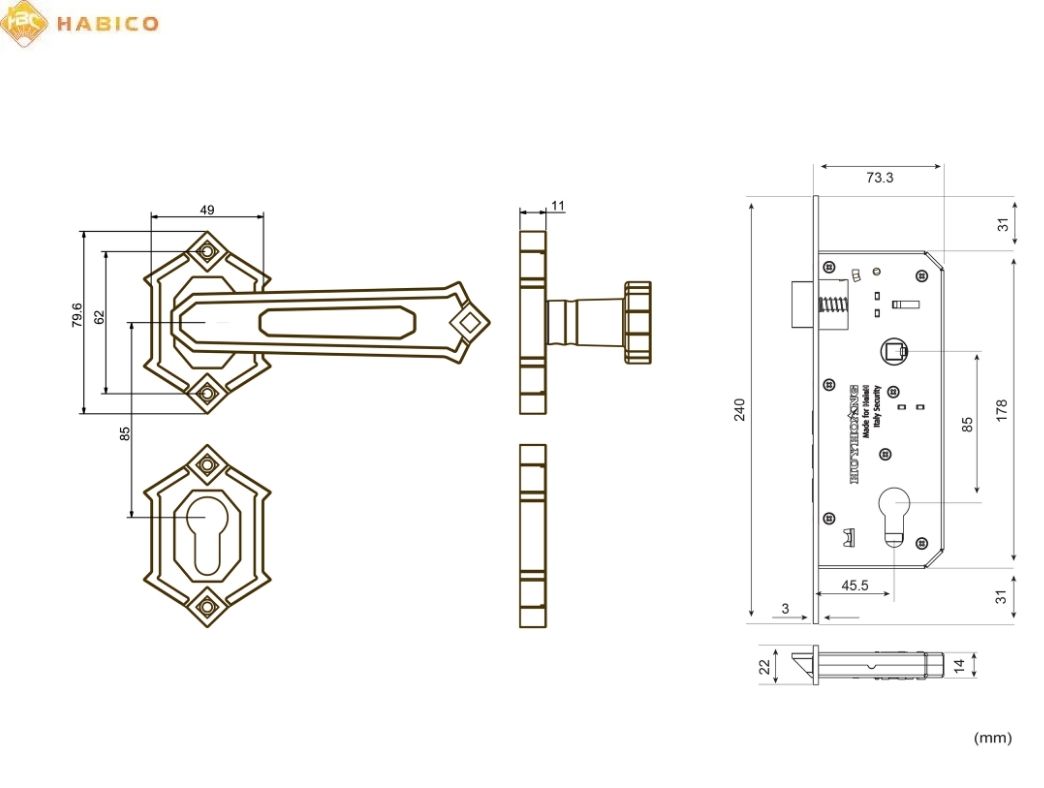 Thông số kỹ thuật Khóa tay nắm phân thể HC 85 KING PVD Gold