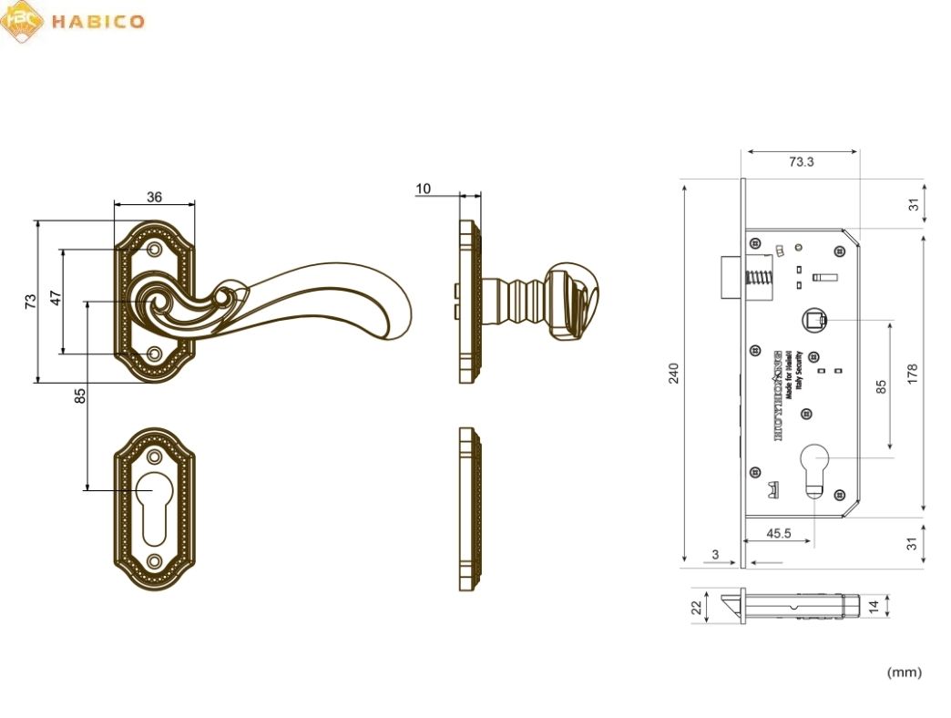 Thông số kỹ thuật Khóa tay nắm phân thể HC 85 PRINCE PVD Gold