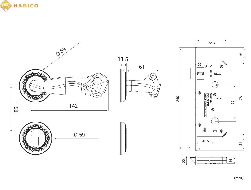 Thông số kỹ thuật Khóa tay nắm phân thể HC 85 QUEEN PVD Gold